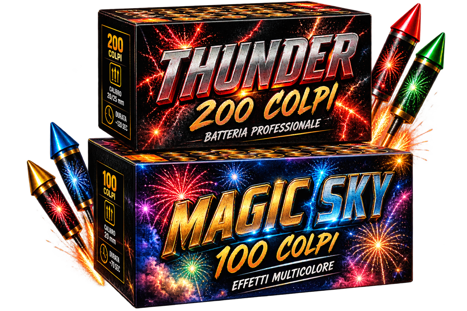 Batterie fuochi d'artificio Thunder 200 colpi e Magic Sky 100 colpi